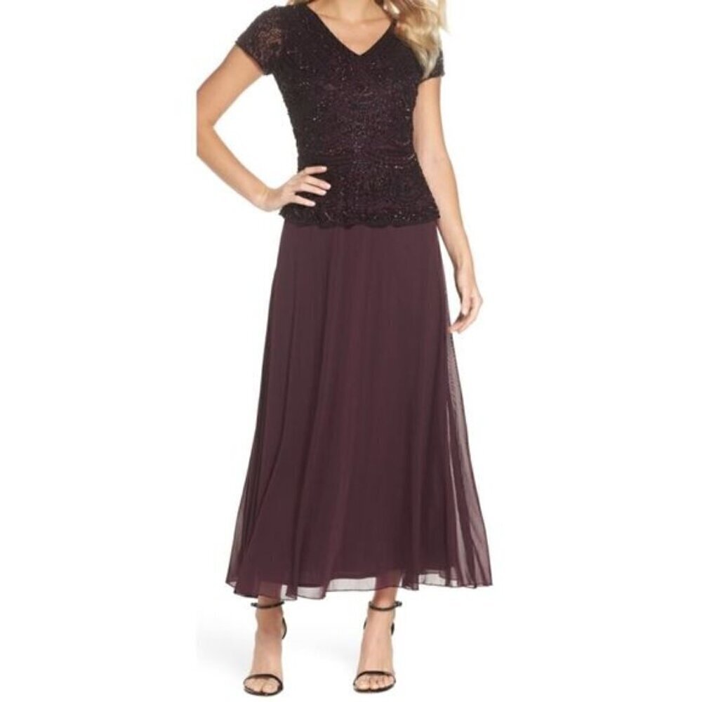 Pisarro Nights Long Mock 2-Piece Beaded Dress with Double V-neck Sz 14 Wine